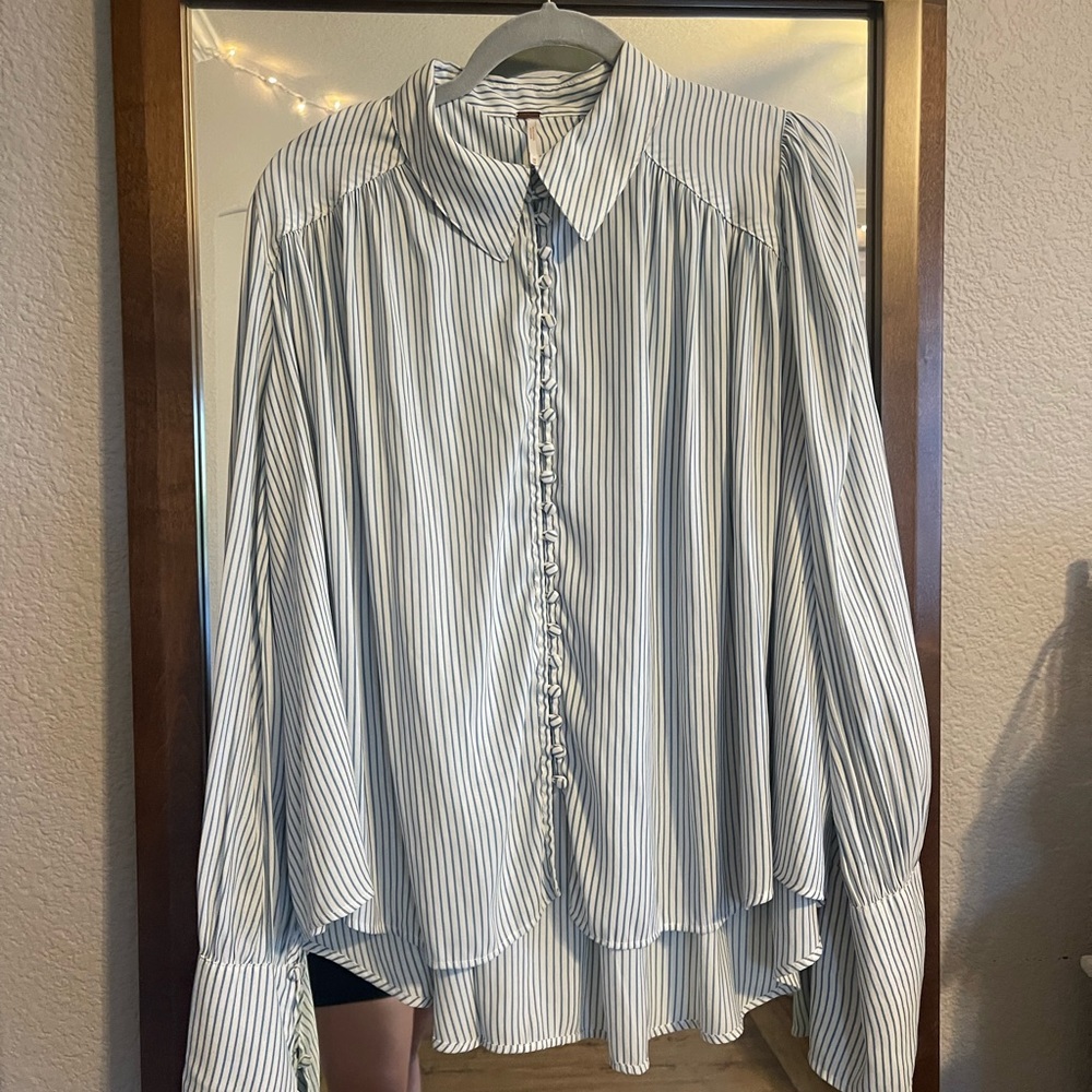 Free People Striped Button Up Blouse with Collar